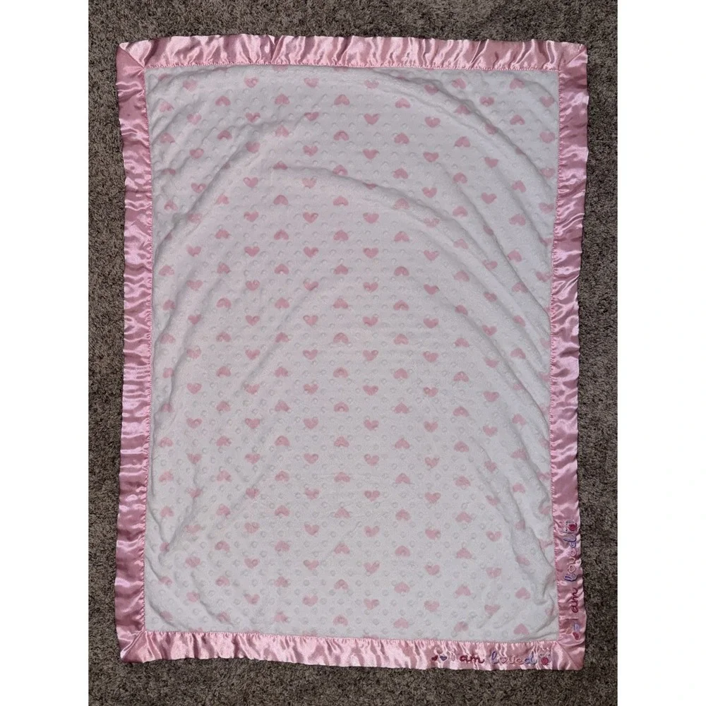 Just Born White Minky Pink Heart Satin Trim Owl  I Am Loved Baby Blanket
